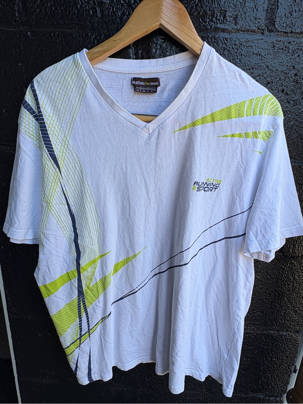 Atlas for Men White V-Neck Short Sleeve Tee with Neon Yellow Accents